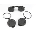 Black rubber binocular rear lens caps with rainguard, two-piece design and securing straps