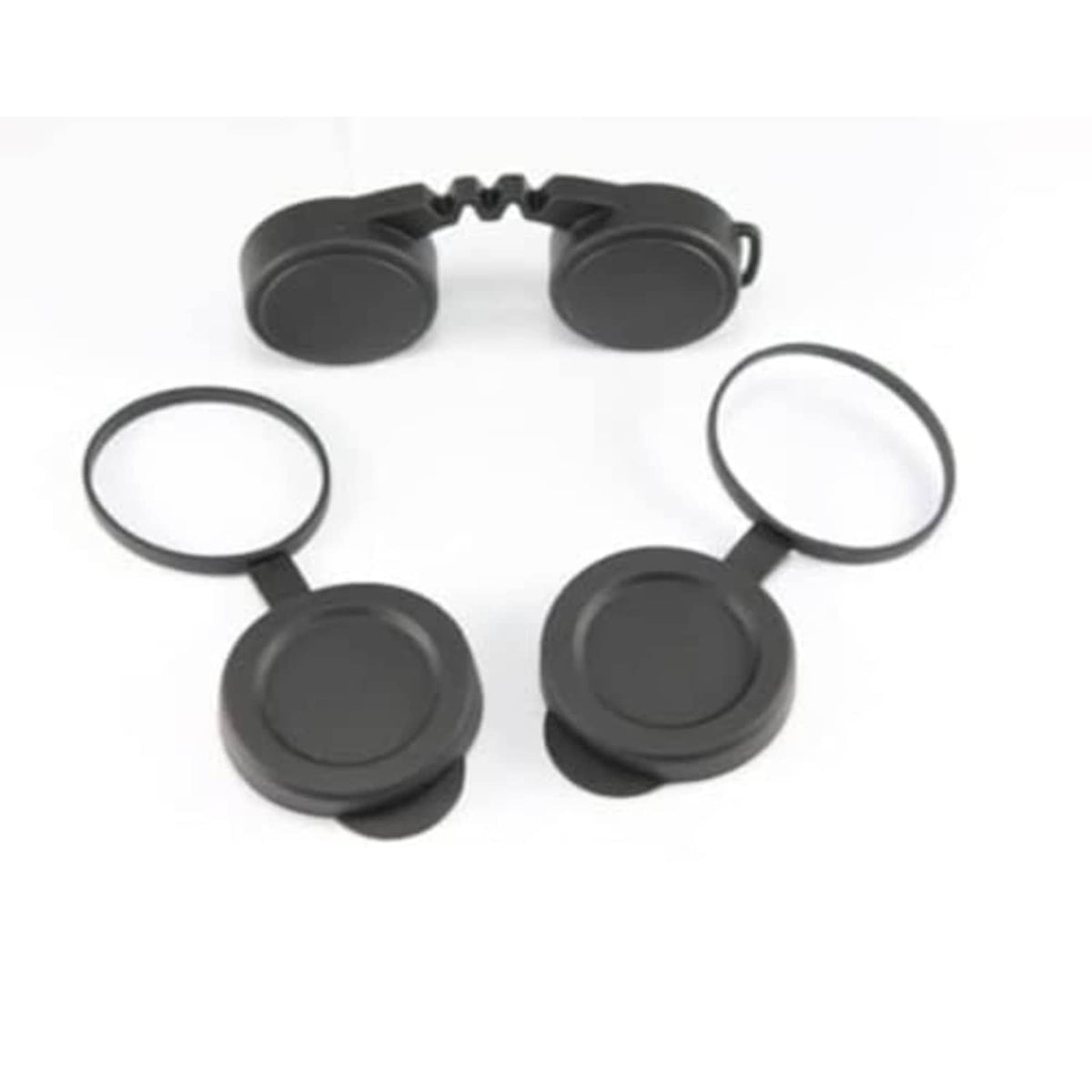 Black rubber binocular rear lens caps with rainguard, two-piece design and securing straps