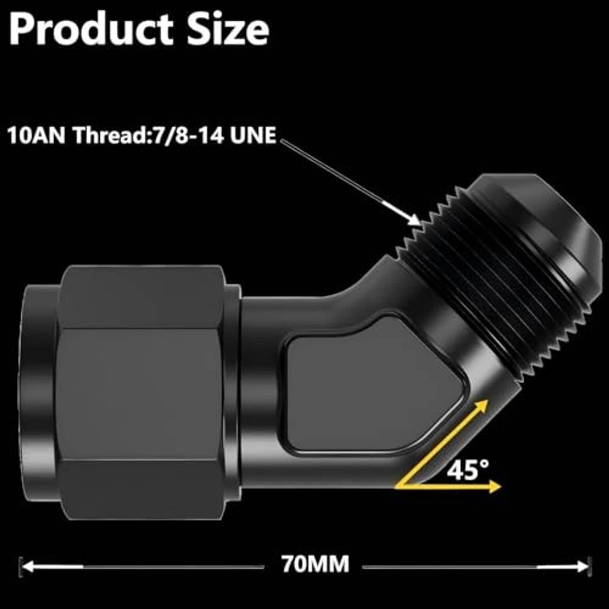 Black 45-degree AN elbow flare swivel adapter with threaded ends and compact 70mm length