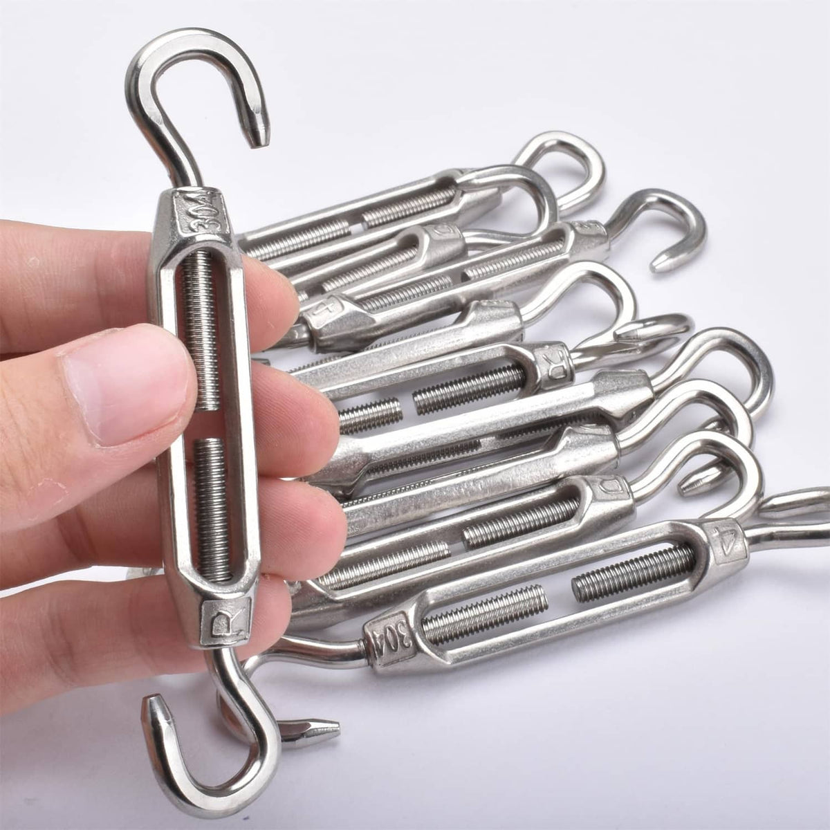 M4 stainless steel 304 turnbuckle with U-hook and threaded adjustment rod, 10-pack