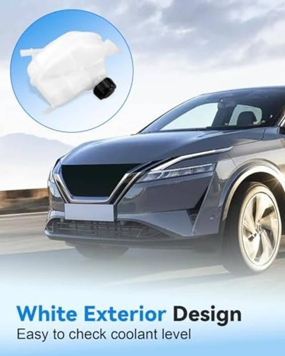White engine coolant reservoir tank bottle with black cap and short hose connection