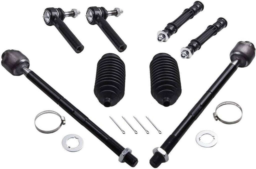 Front control arm kit parts assortment: black control arms, boots, tie rods, rings