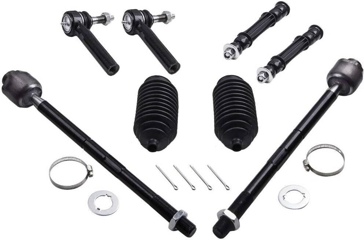 Front control arm kit parts assortment: black control arms, boots, tie rods, rings