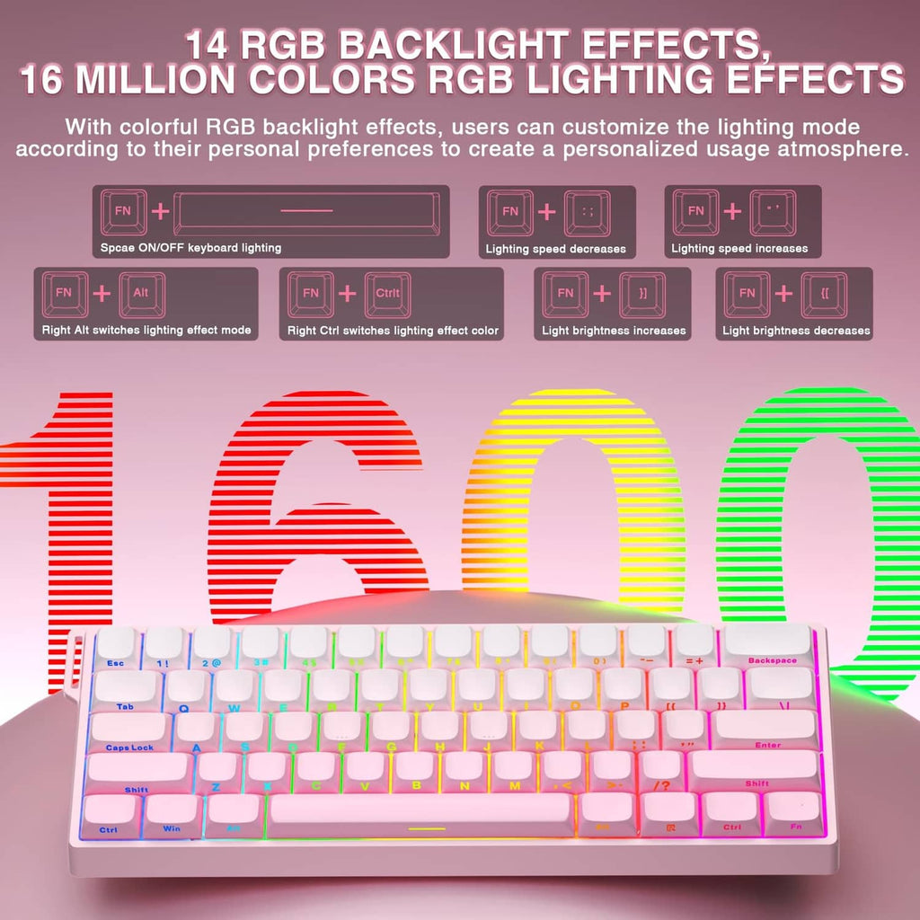 Pink mechanical gaming keyboard with multi-color RGB backlighting effects on keys