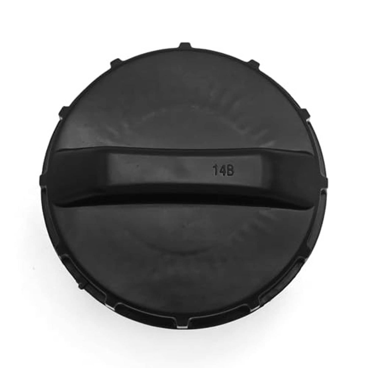 Round black fuel tank cap with center disc and '14B' marking