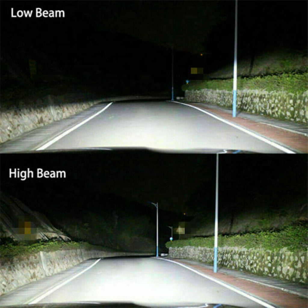 LED headlight bulb beam effect, showing low and high beam illumination