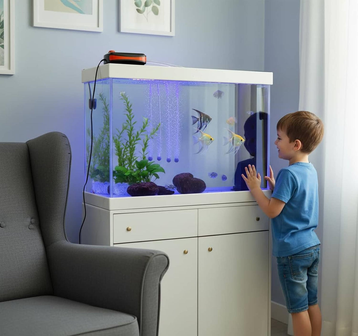 Electric aquarium air pump on stand near fish tank, black and orange
