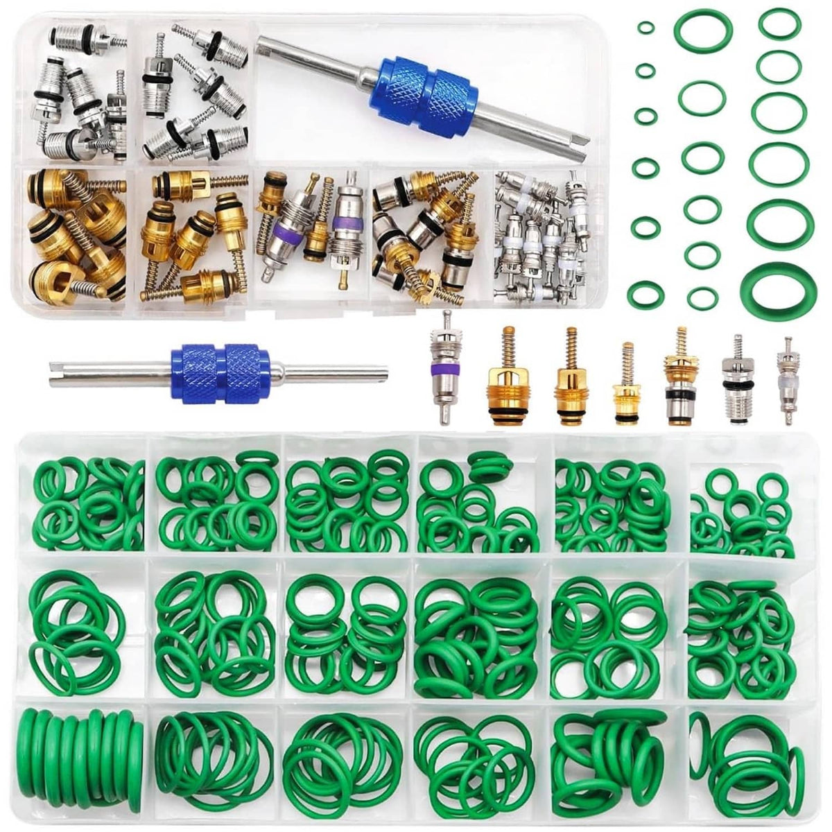 Car A/C repair kit with green O-rings, brass valve cores, and blue core tool.