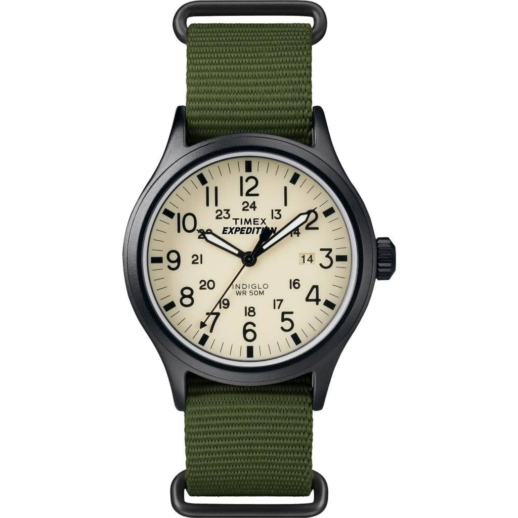 Men's black 40mm wristwatch with green strap and cream dial, large Arabic numbers