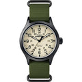 Men's black 40mm wristwatch with green strap and cream dial, large Arabic numbers