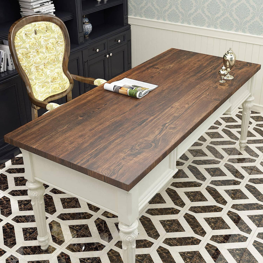 Brown faux wood table top with dark grain and knots in a dining area