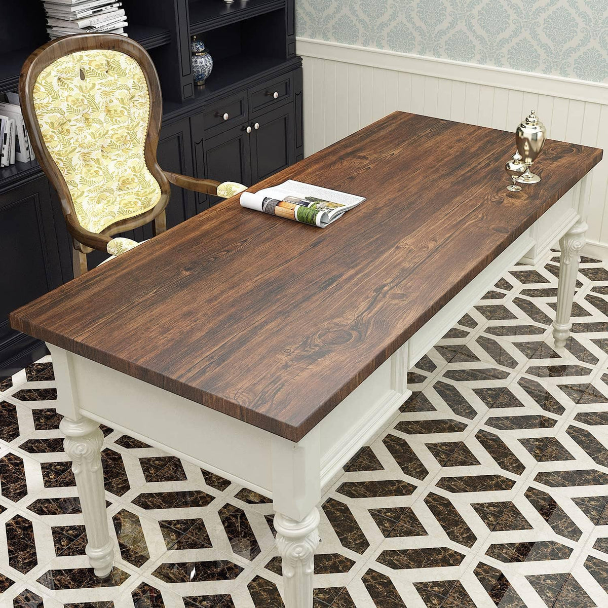 Brown faux wood table top with dark grain and knots in a dining area
