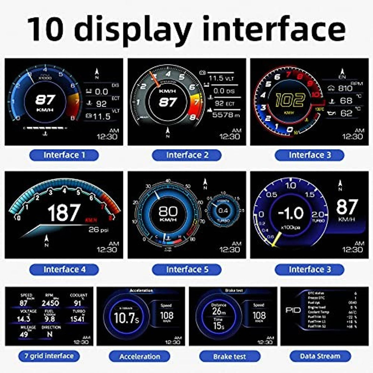 OBD+GPS HUD gauge interface screens with multiple circular speed and data layouts