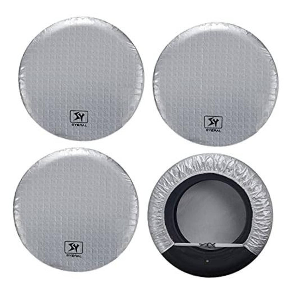 Set of 4 RV tire covers, gray circular covers with Syeral logo; one shows black rim