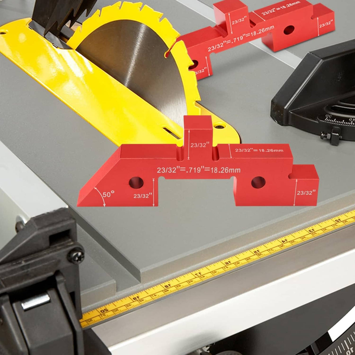 Red aluminum setup block on a workbench near a yellow circular guard and measuring scale