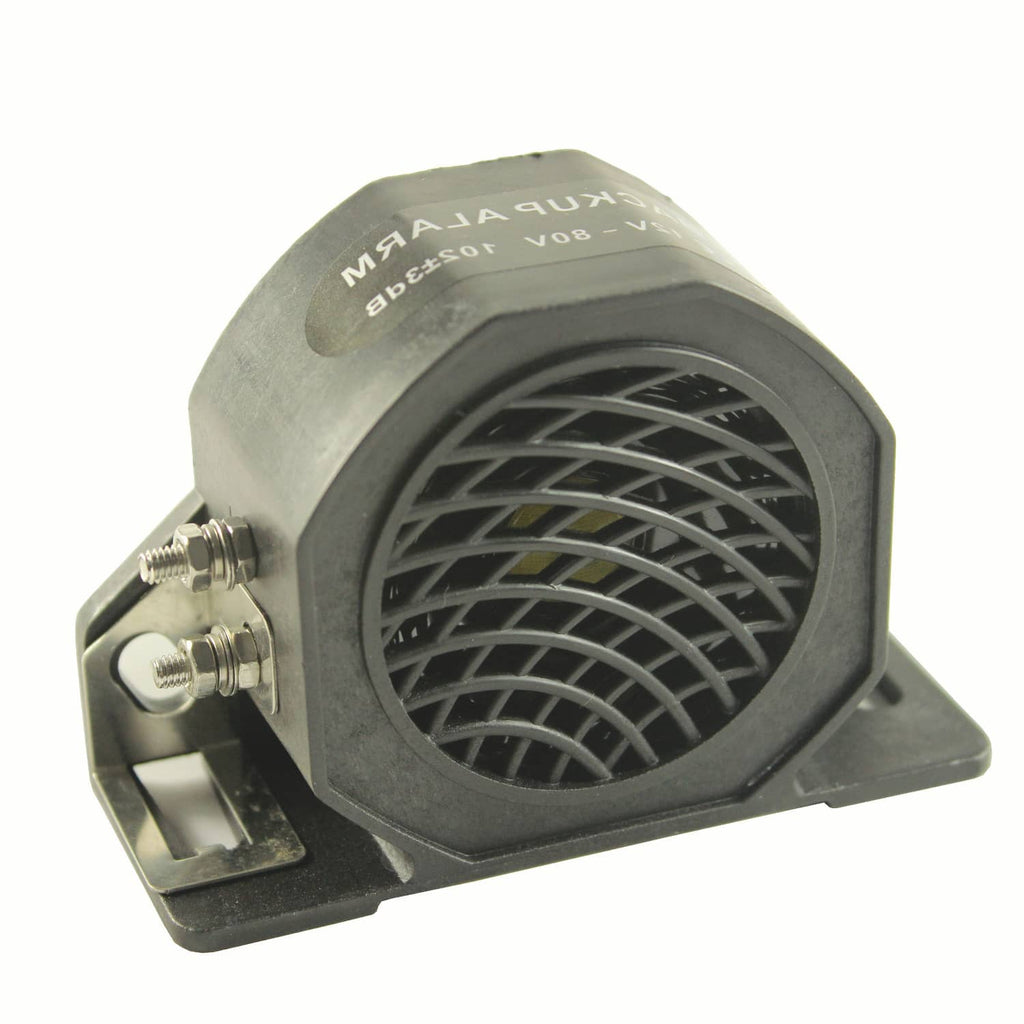 Car backup alarm buzzer horn with circular grill and two metal terminals