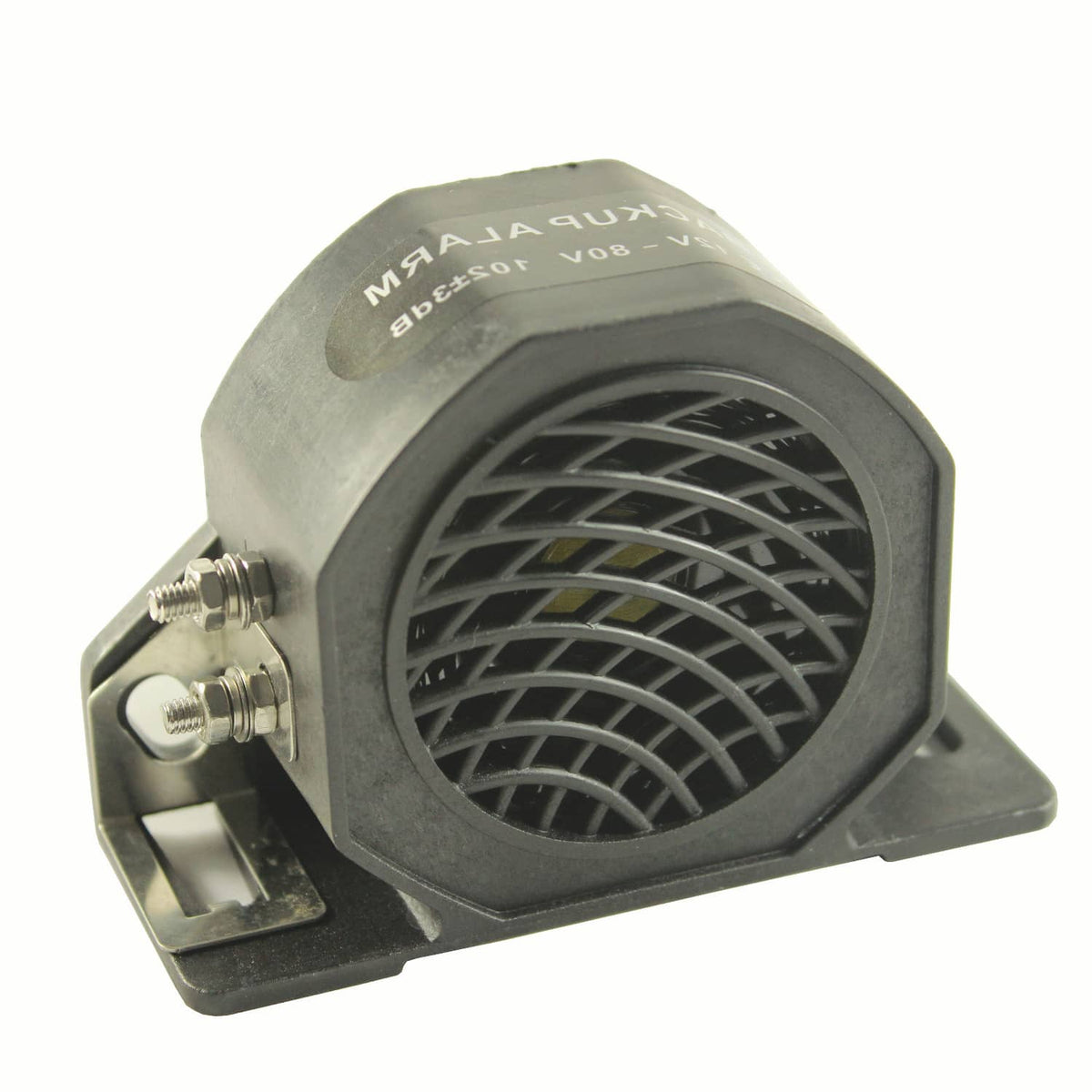 Car backup alarm buzzer horn with circular grill and two metal terminals