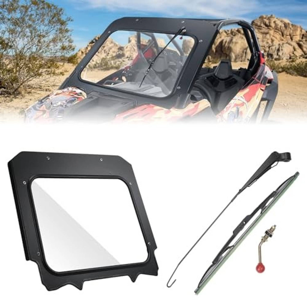 Black glass windshield panel with manual wiper blade and included mounting parts