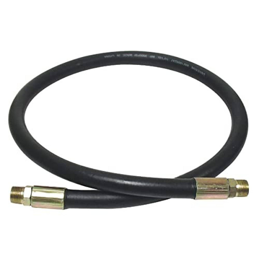 Black hydraulic hose showing embossed markings and metal end fittings, 3/8-in x 36-in