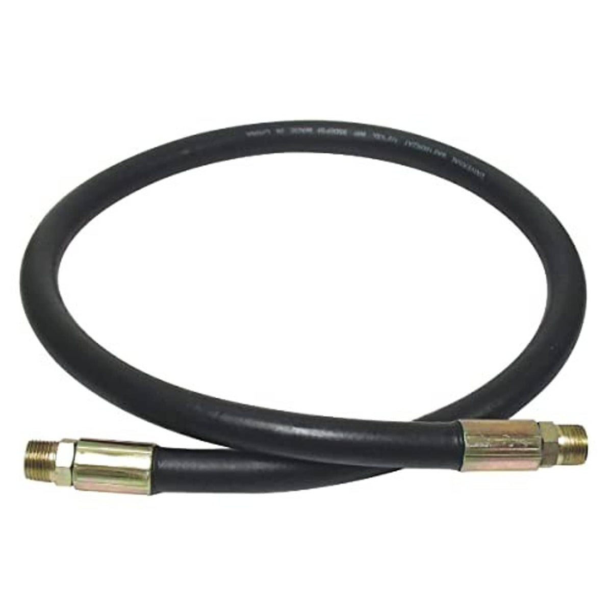 Black hydraulic hose showing embossed markings and metal end fittings, 3/8-in x 36-in