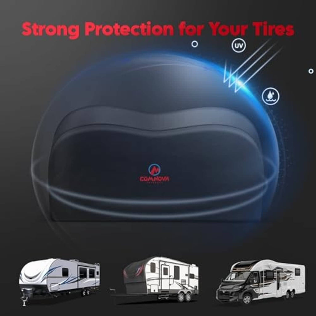 Black dual-axle RV tire cover with protective coating glow effect