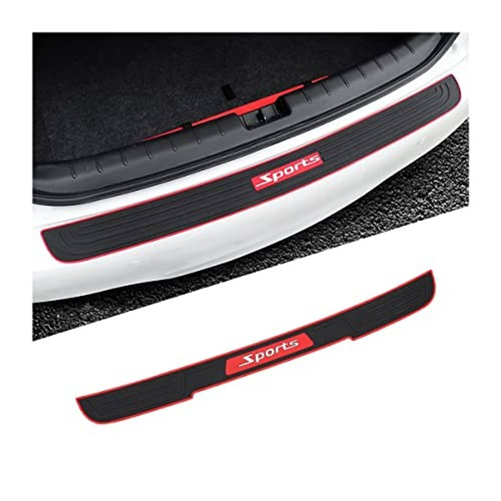 Universal rear bumper guard protector, black rubber surface with red trim and Sports logo