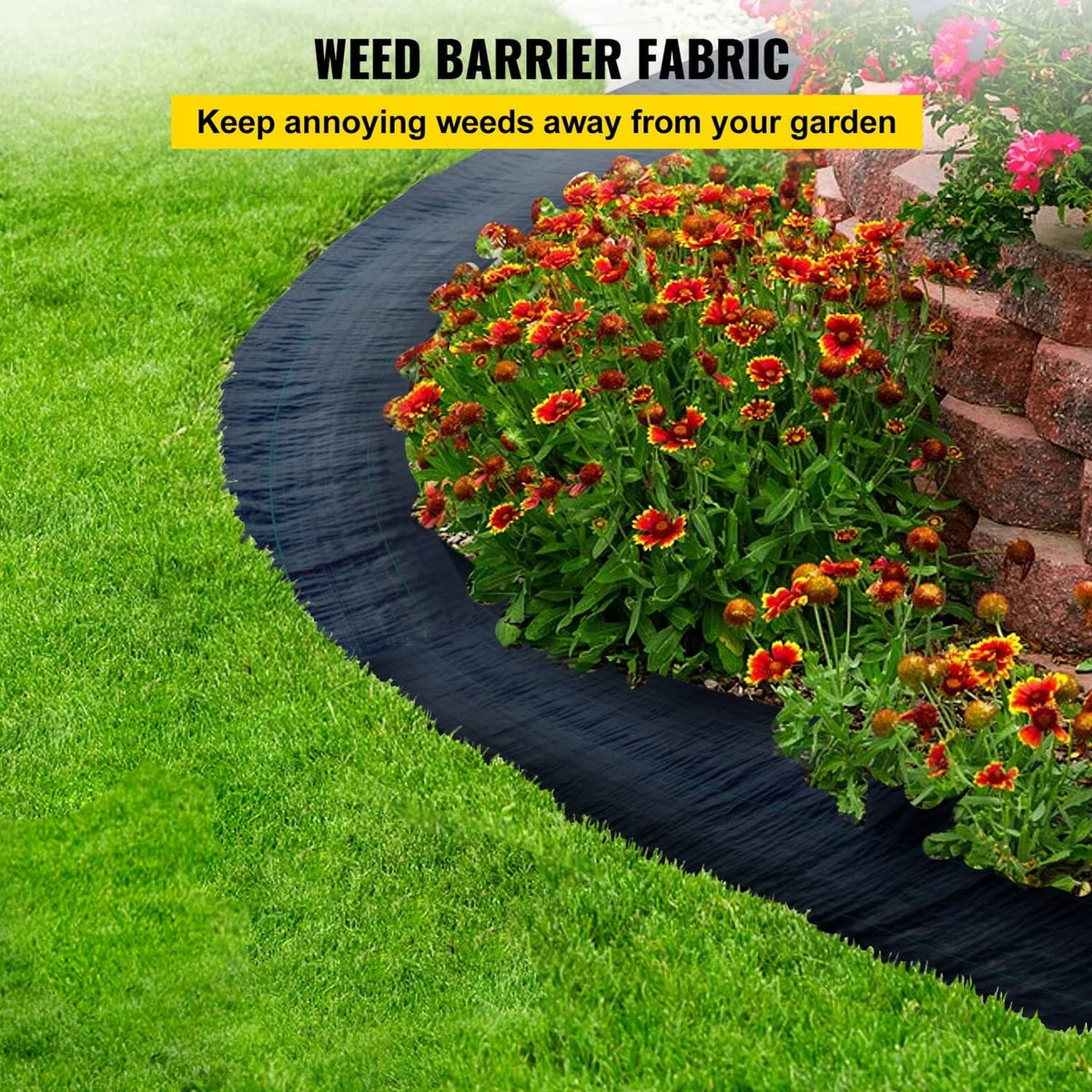 Black landscape weed barrier fabric strip with woven texture under garden plants