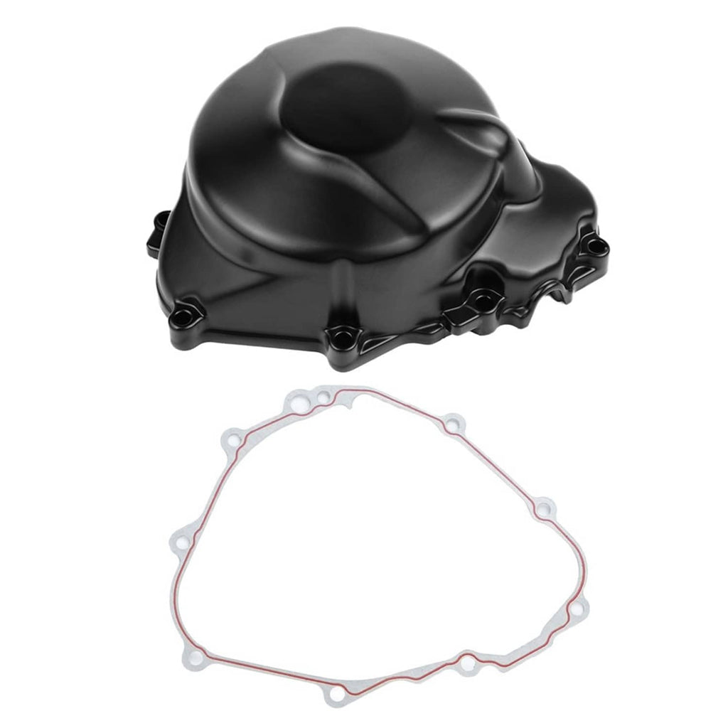 Left engine crankcase stator cover with gasket, black finish (angled view)
