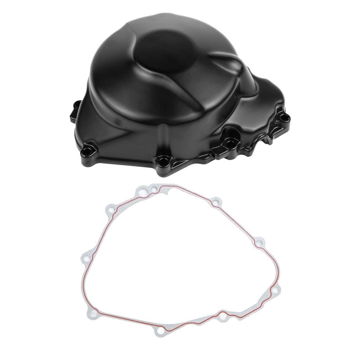 Left engine crankcase stator cover with gasket, black finish (angled view)