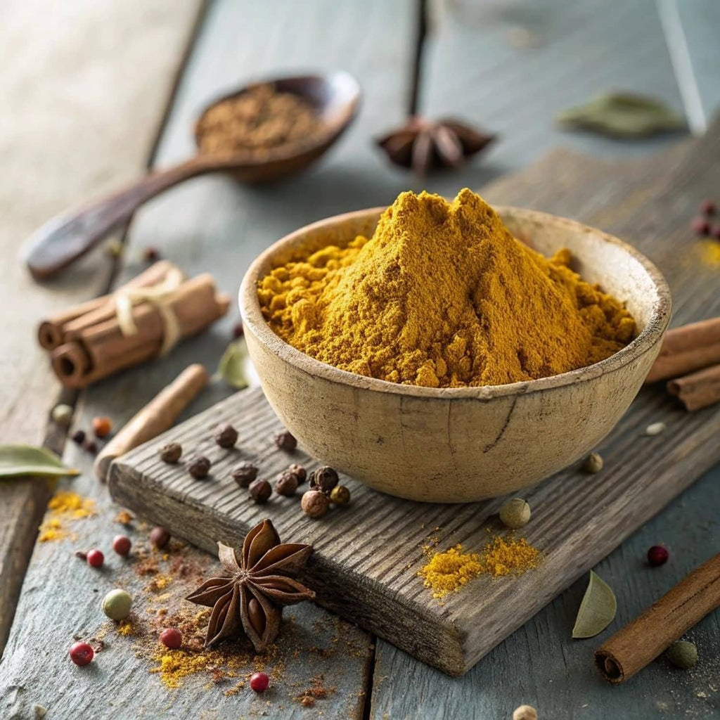 Bowl of golden curry powder on a wooden board with whole spices and herbs