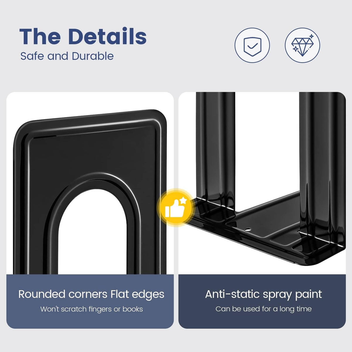 Black metal bookend close-up with rounded corners and flat base for safe book contact