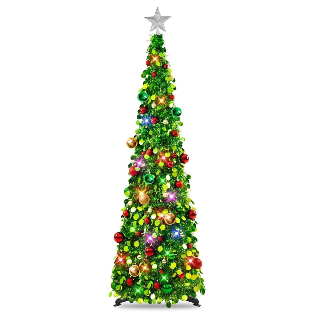 5 ft green pop-up Christmas tree with star topper, LED lights, and multicolor ornaments