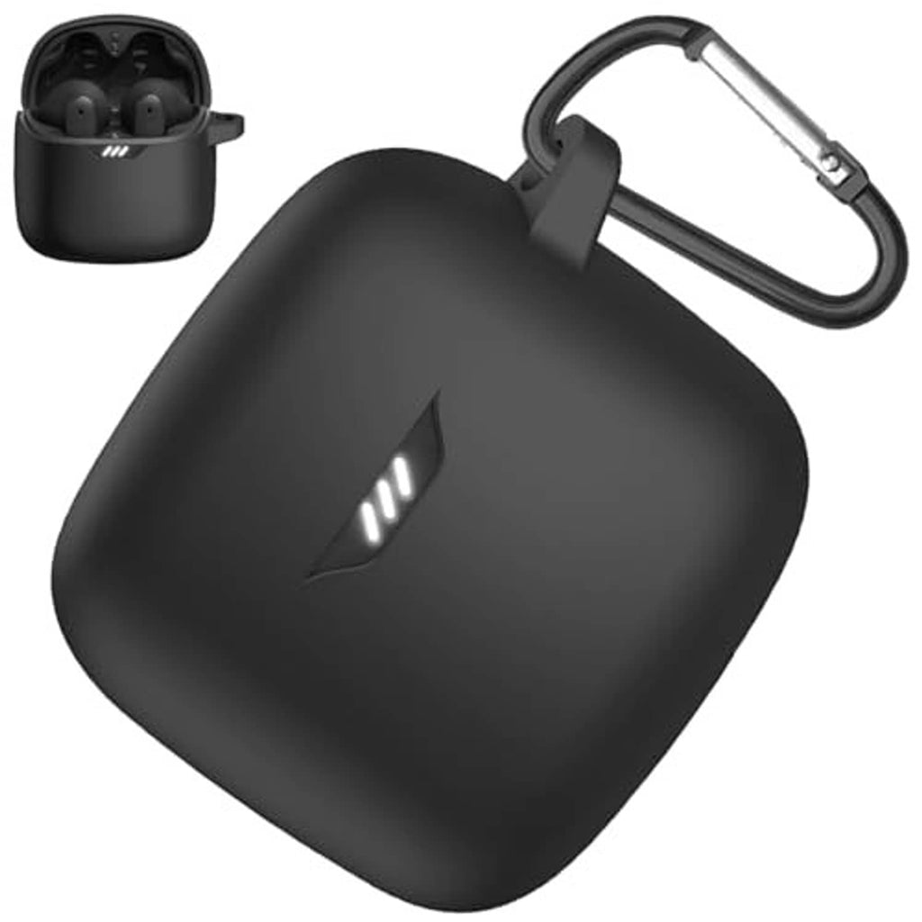 Black earbuds case with carabiner keychain and visible front logo