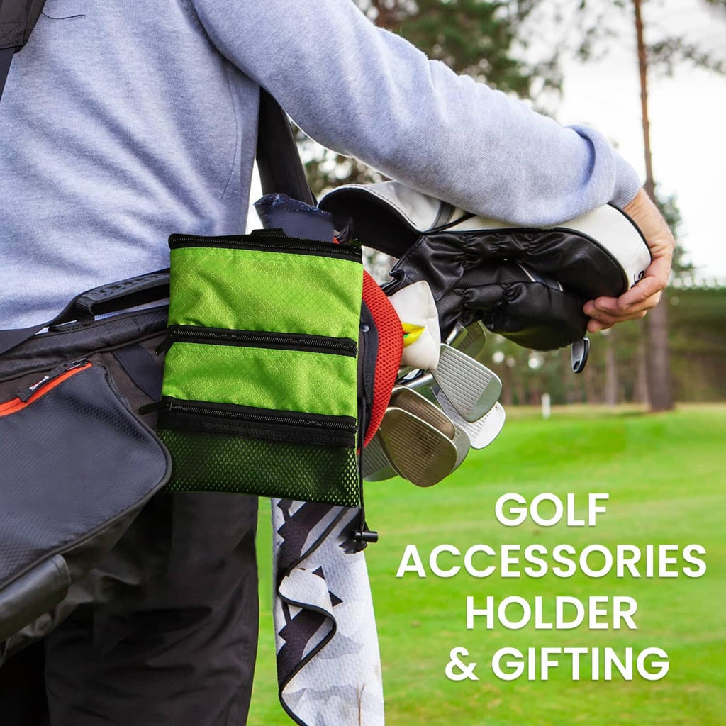 Green golf pouch bag accessory holder with black zipper and multiple compartments on a bag