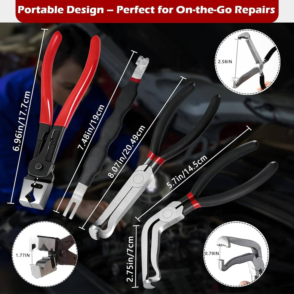 Compact red-and-black electrical removal pliers with metal jaws for hard-to-reach work