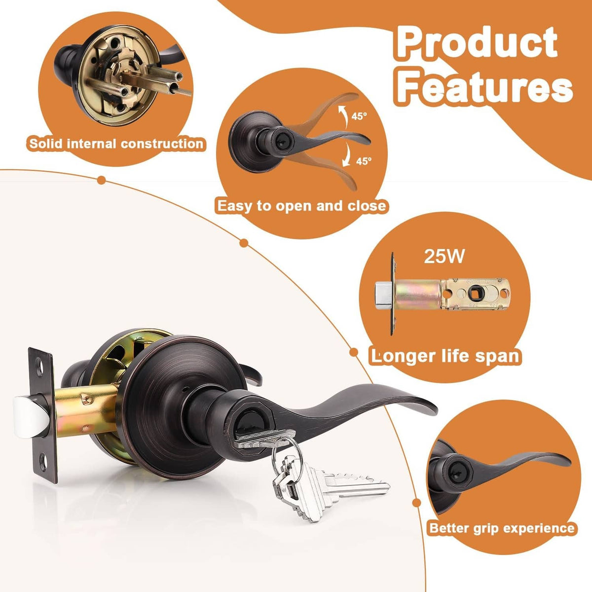 Keyed entry door lockset with dark lever and oil-rubbed bronze faceplate, key included