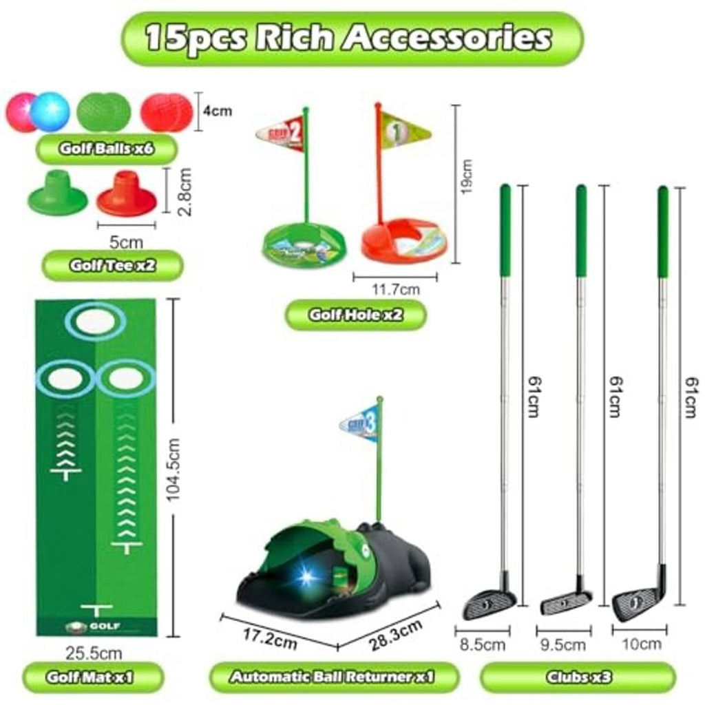 Toy golf set accessories layout: dinosaur returner, green mat, flags, tees, balls, clubs