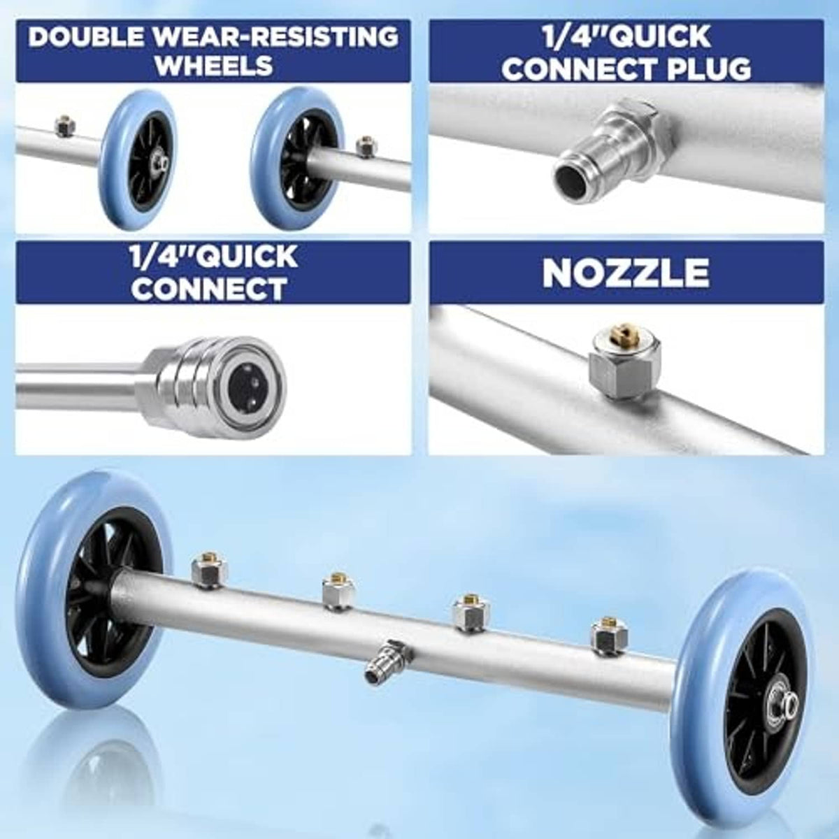 Undercarriage cleaner with double wear-resistant wheels and 1/4 in quick-connect nozzle