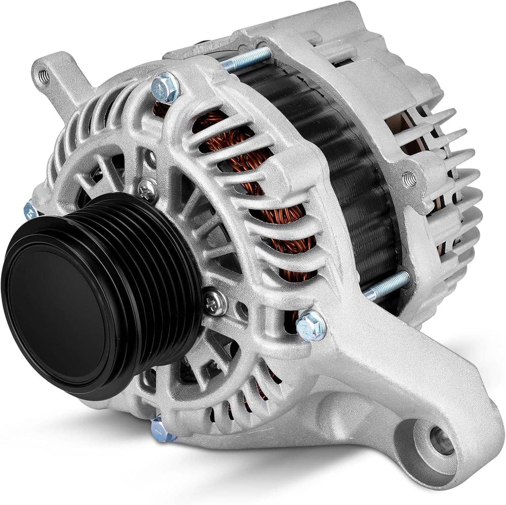 Automotive alternator with black pulley and silver vented housing, side view
