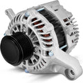 Automotive alternator with black pulley and silver vented housing, side view