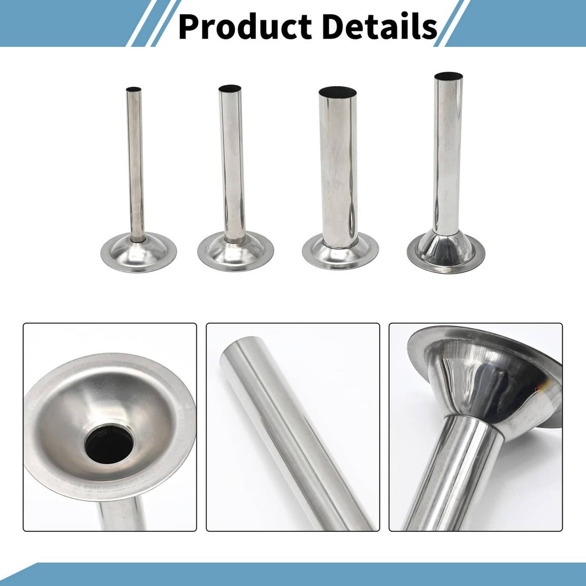 Stainless steel sausage stuffing tubes set with round bases and hollow filling channels