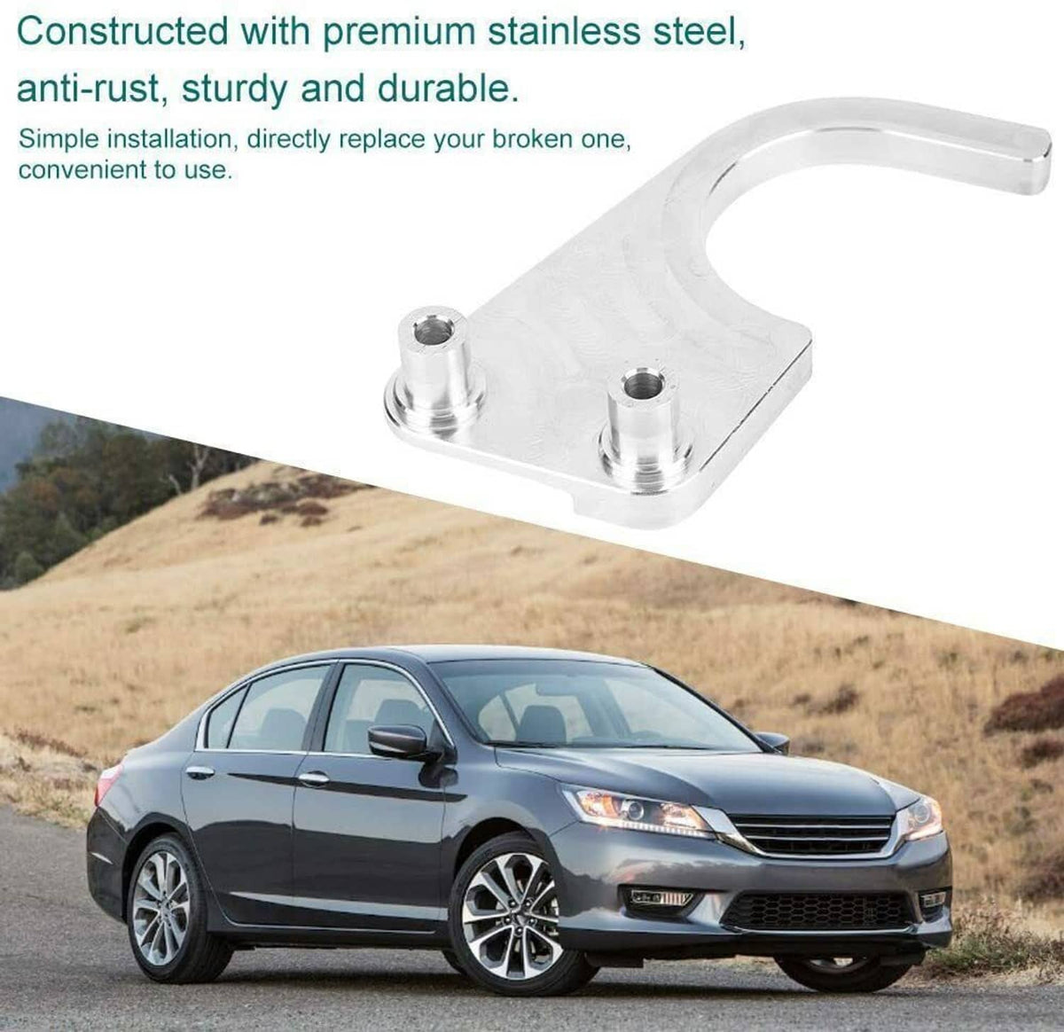 Stainless steel timing chain guide bracket, silver metal, with mounting posts.