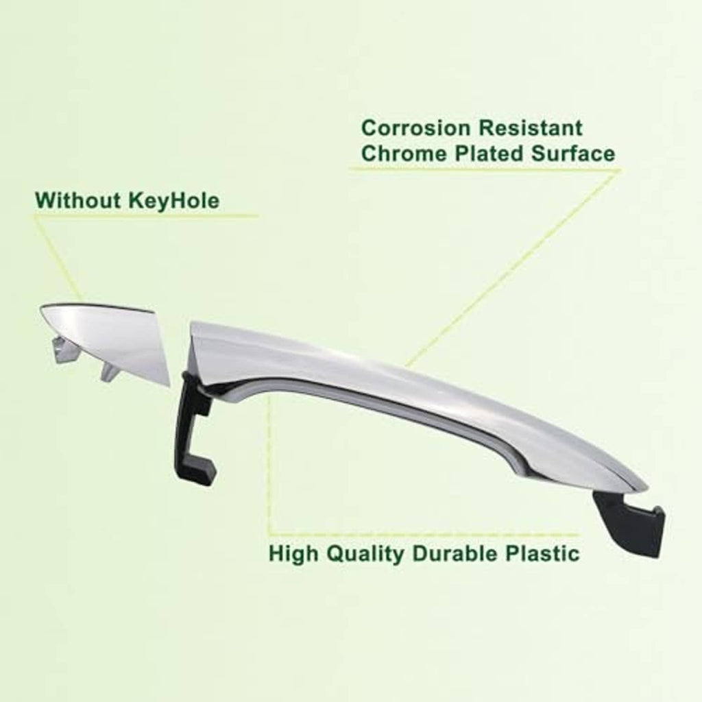 Chrome exterior door handle with black mounting tabs, passenger side front-right