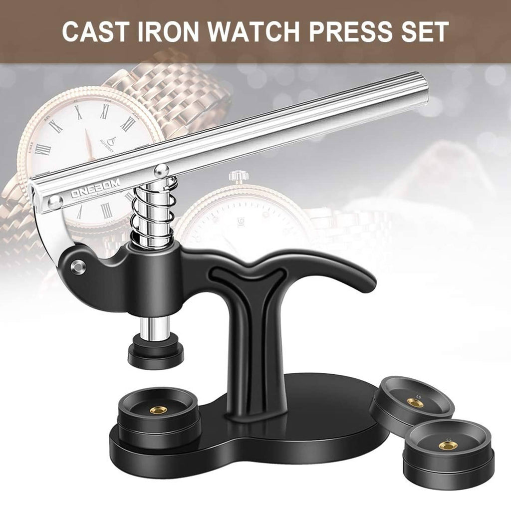 Cast iron watch press tool with black handle, spring post, and base dies