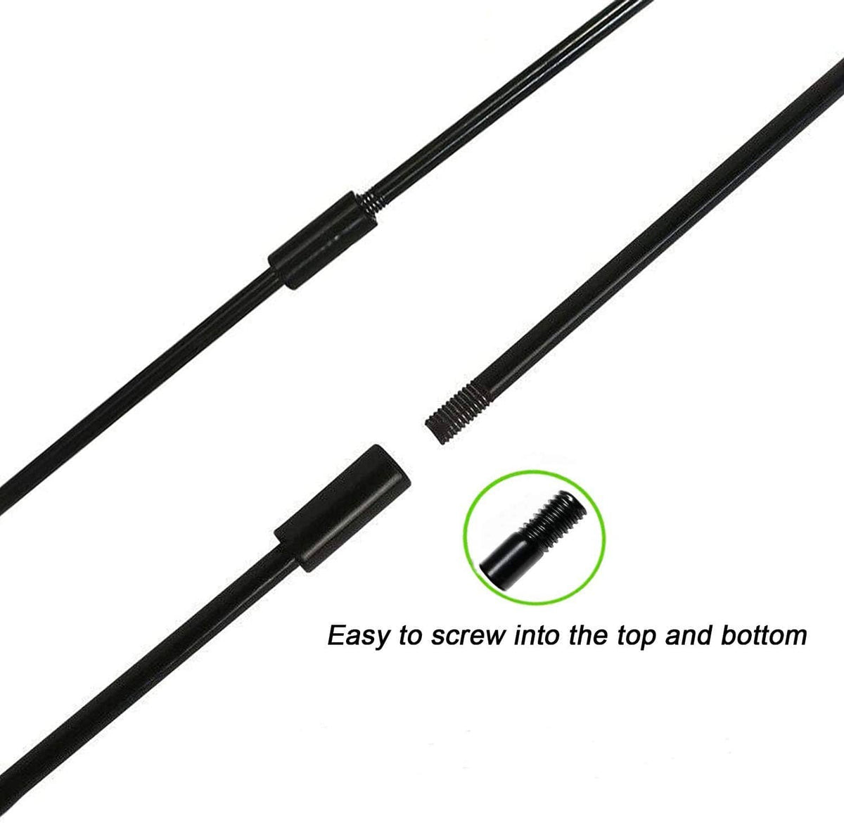 Black threaded pole sections with screw ends for easy assembly