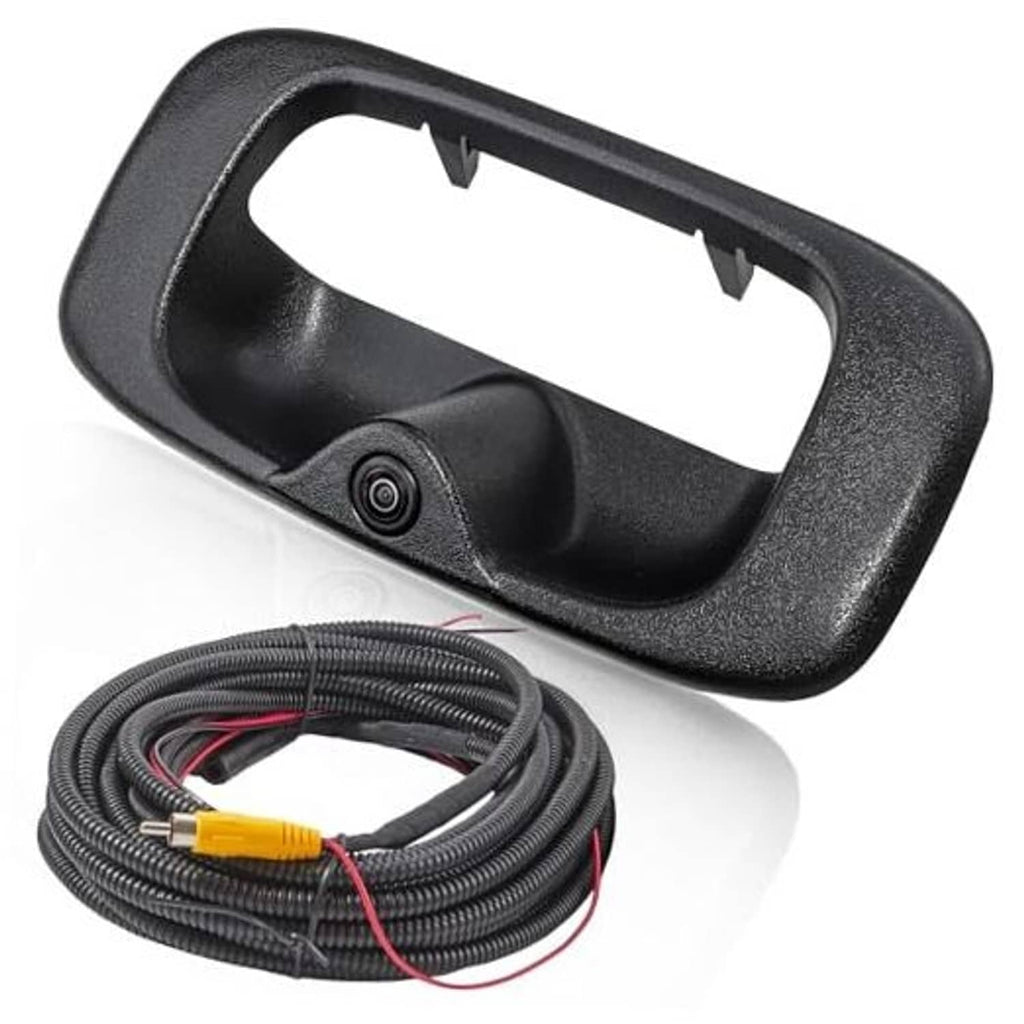 Black tailgate handle backup camera with built-in lens and wiring harness
