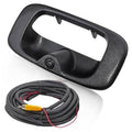Black tailgate handle backup camera with built-in lens and wiring harness