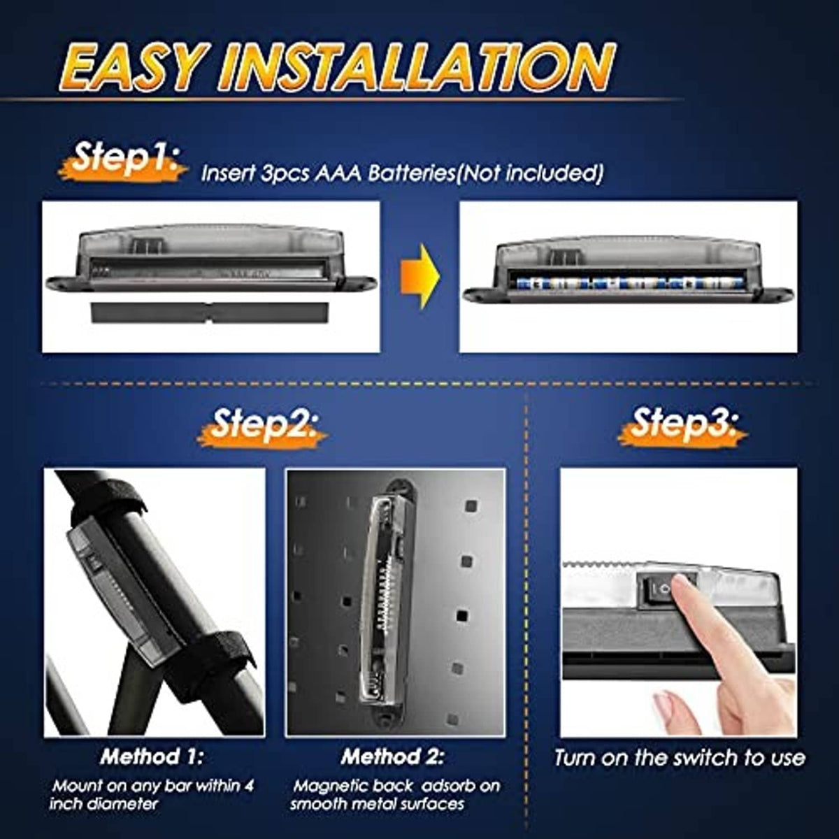 LED dome light bar with adjustable nylon straps; battery area and on/off switch shown