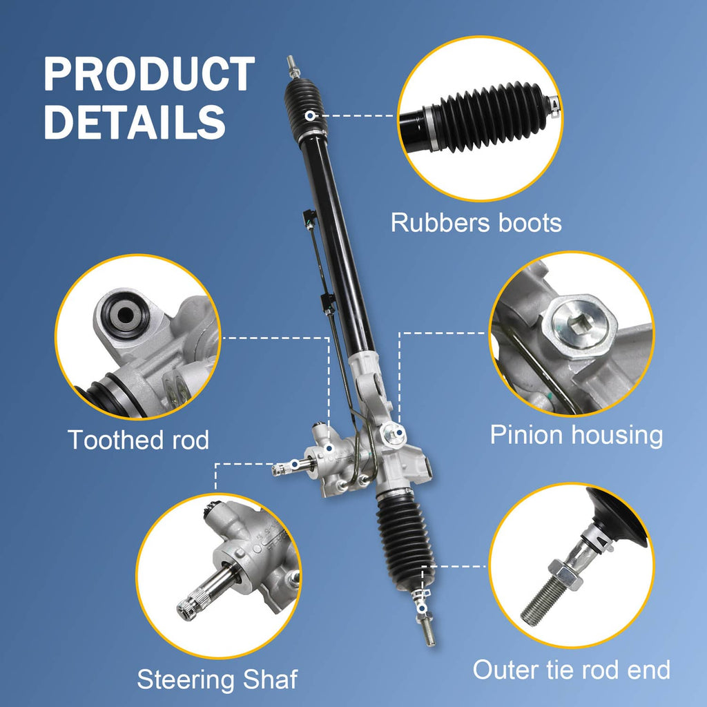 Power steering rack details: rubber boots, toothed rod, steering shaft, pinion housing