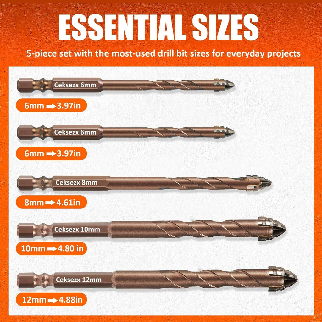 Set of five brown masonry drill bits with hex shanks and spiral flutes